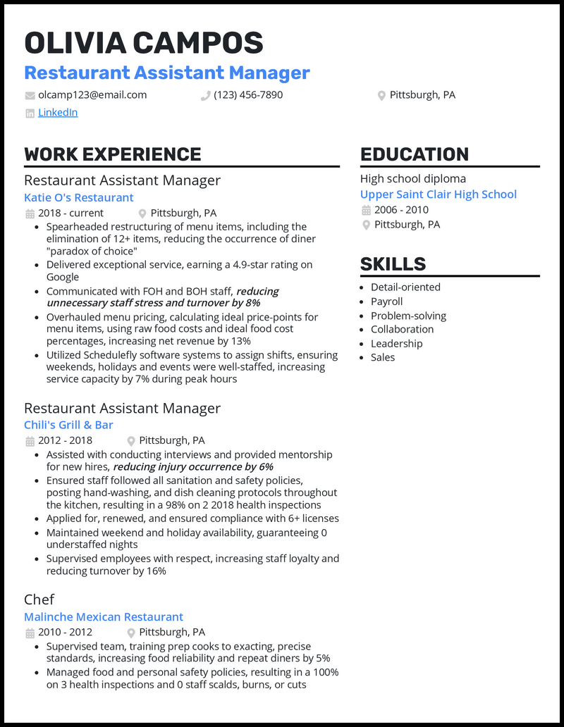 Restaurant assistant manager resume example with no experience