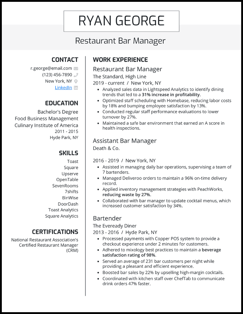 9 Real Restaurant Manager Resume - Restaurant Bar Manager Gray Resume Example 