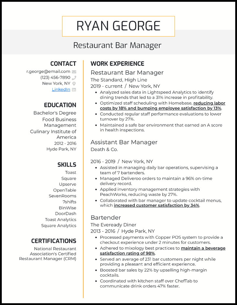 Restaurant bar manager resume example with 4 years of experience