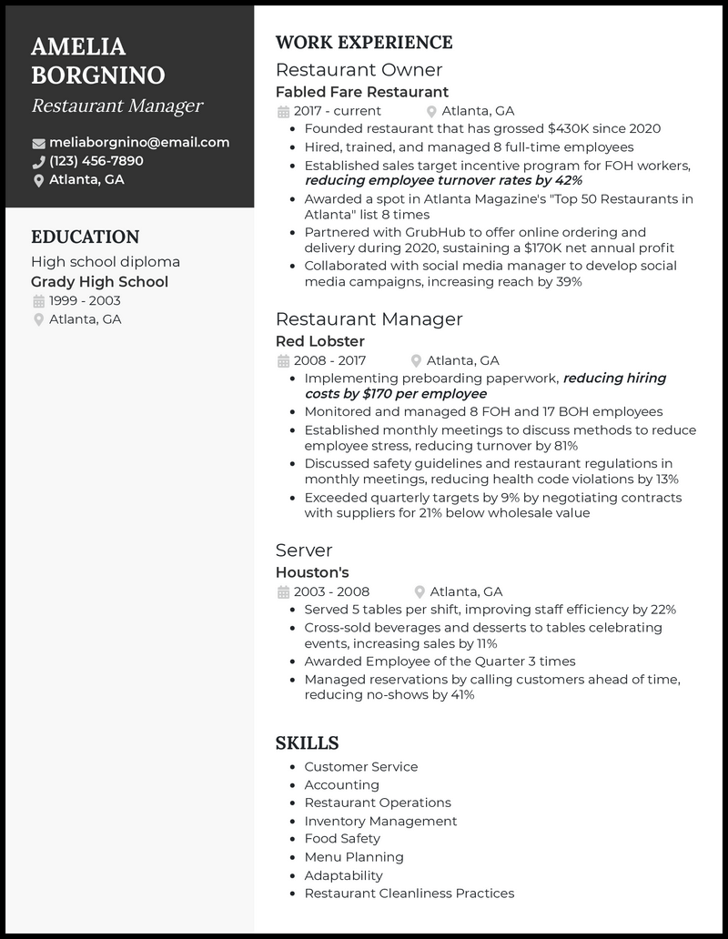 Restaurant business owner resume example with 6+ years experience