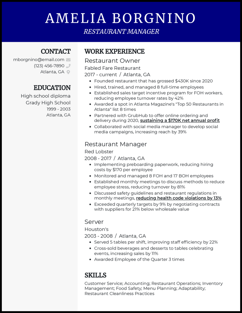 Professional restaurant business owner resume example