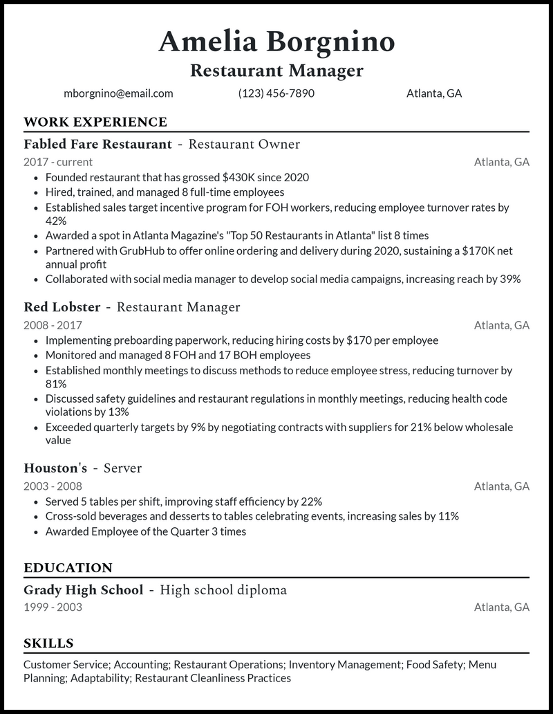 Formal restaurant business owner resume example