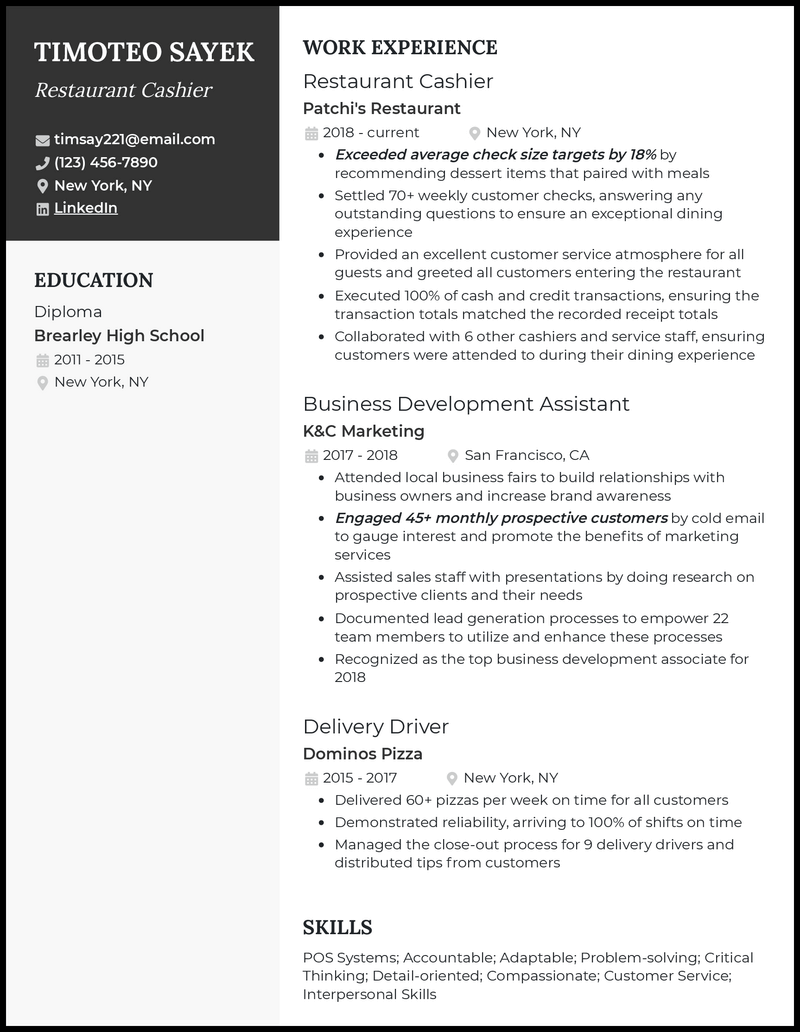 3 Real Restaurant Cashier Resume Examples That Work + Guide