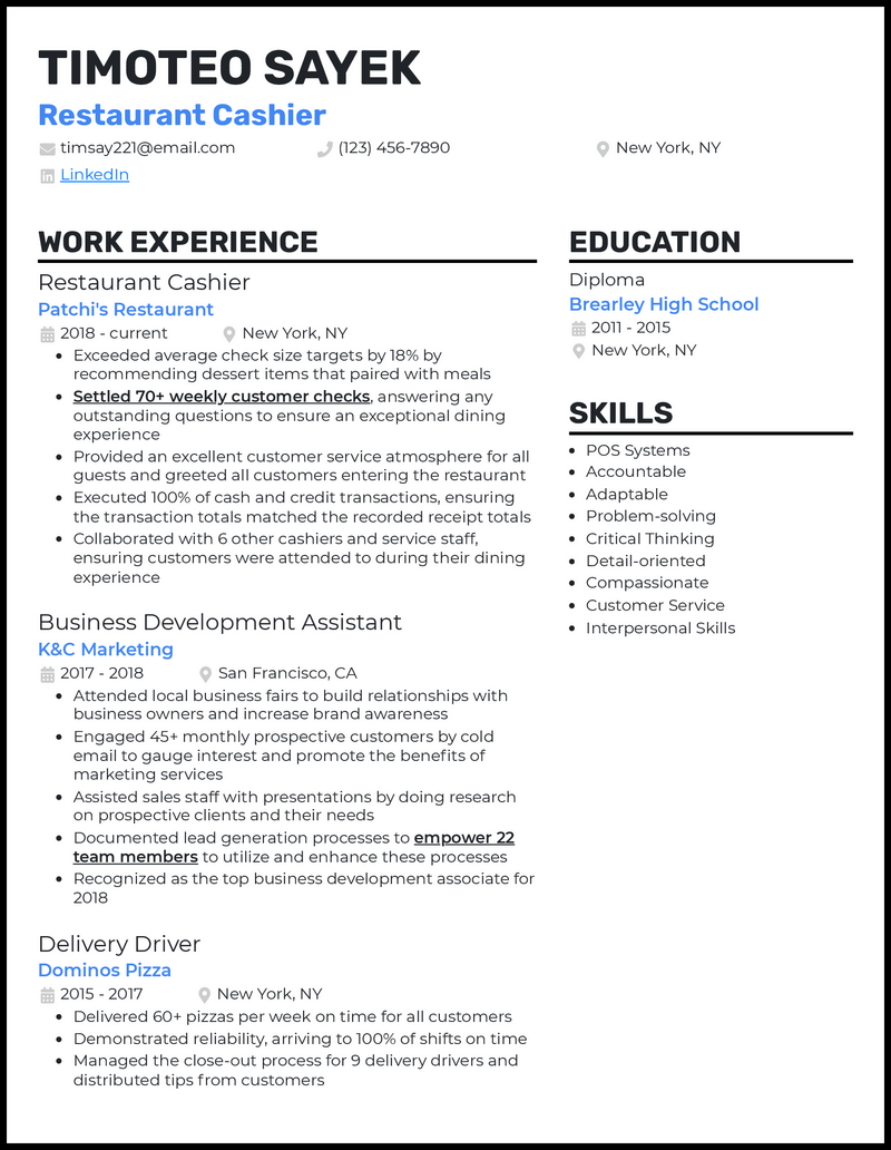 Clean restaurant cashier resume example