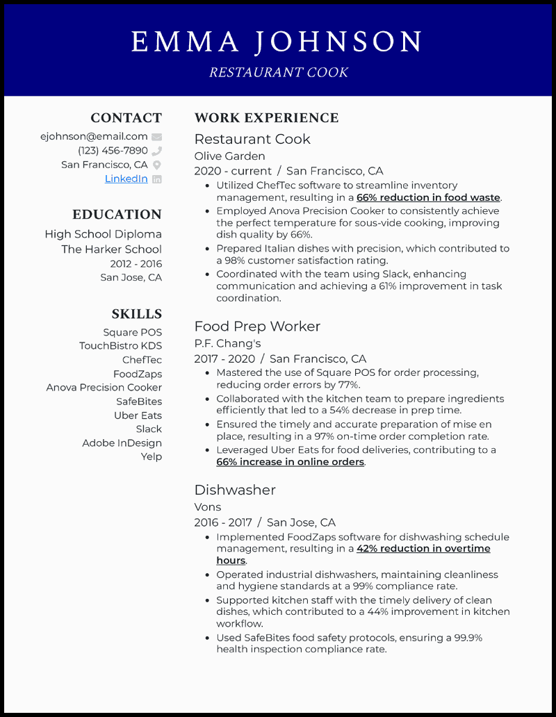 Restaurant cook resume example with 6 years of experience