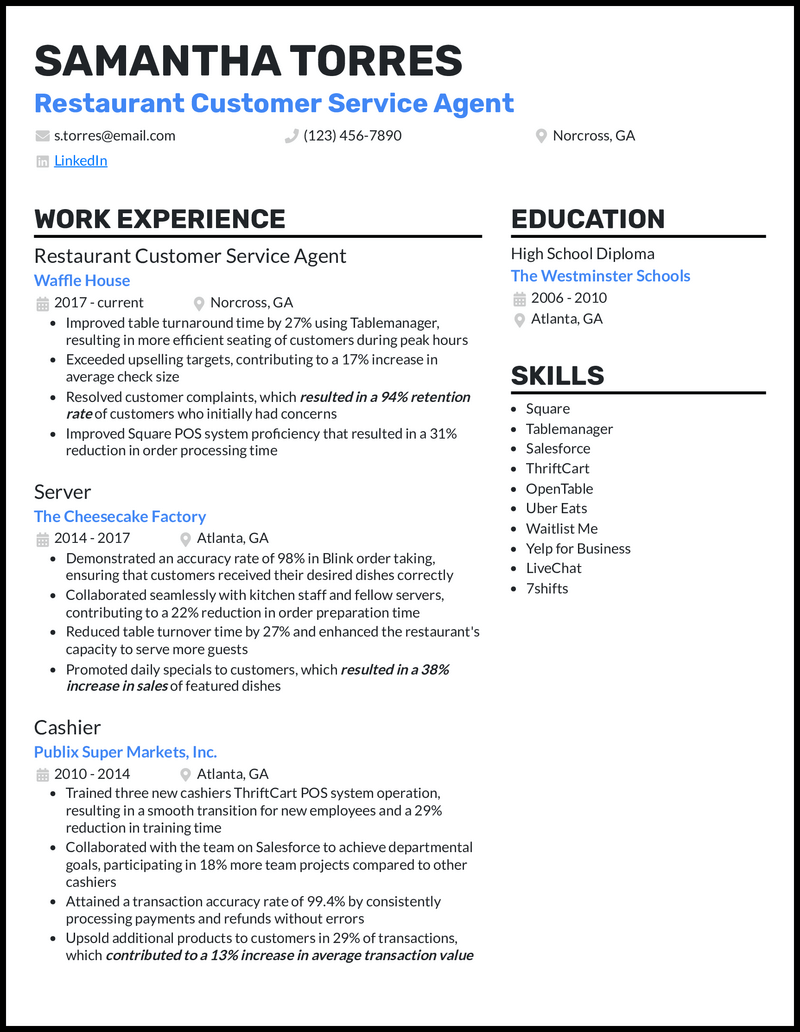 Restaurant customer service resume example with 6 years of experience