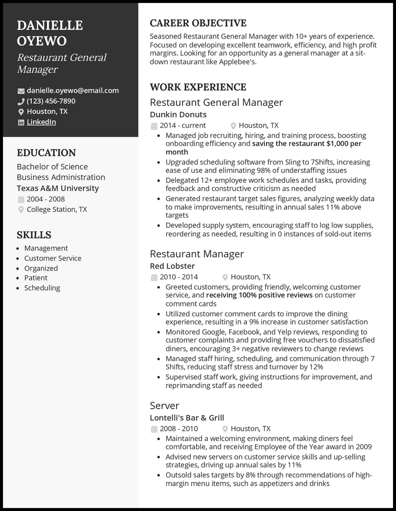 Restaurant general manager resume example with 4+ years experience