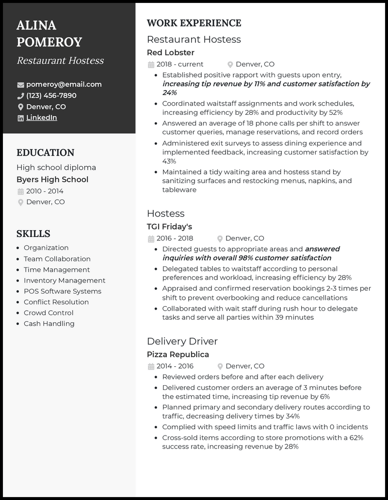 Restaurant hostess resume example with 8+ years experience