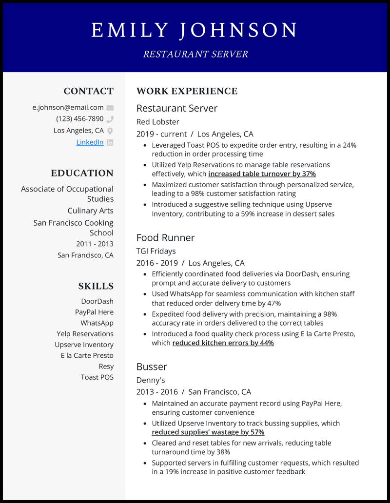 Restaurant server 3 resume example with 4 years of experience