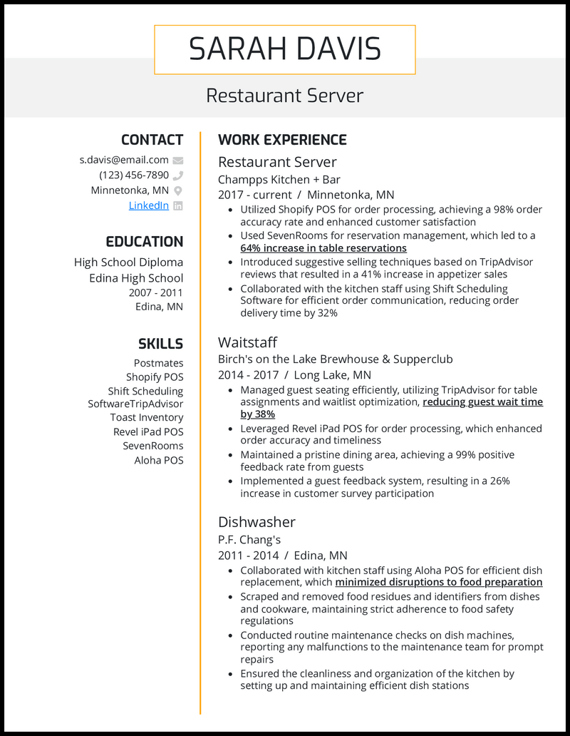 Restaurant server 5 resume example with 6 years of experience