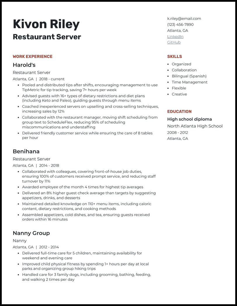 21 Server Resume Examples for 2025 - Restaurant Server Red Brown Resume Example 