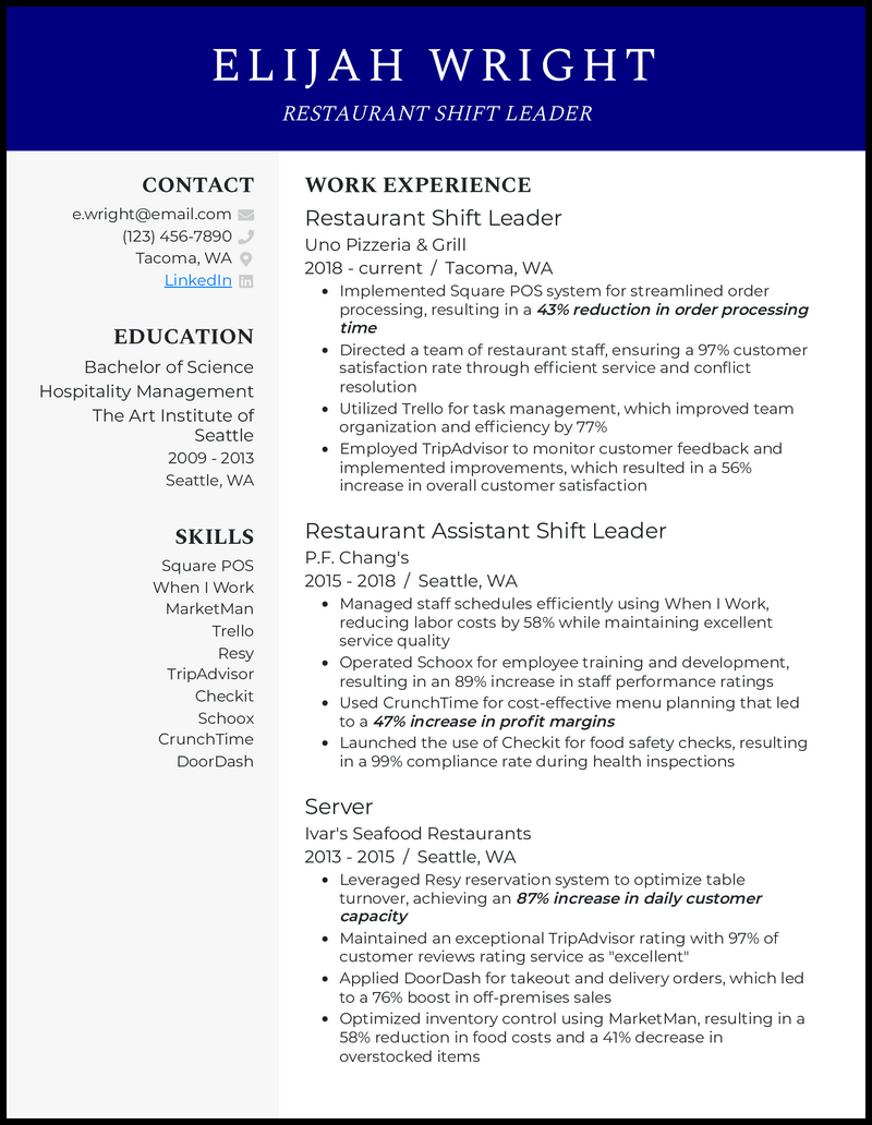 Restaurant shift leader resume example with 10 years of experience