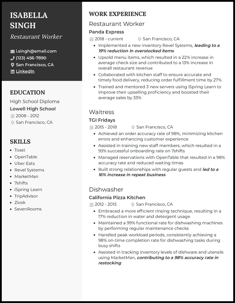 resume for restaurant worker