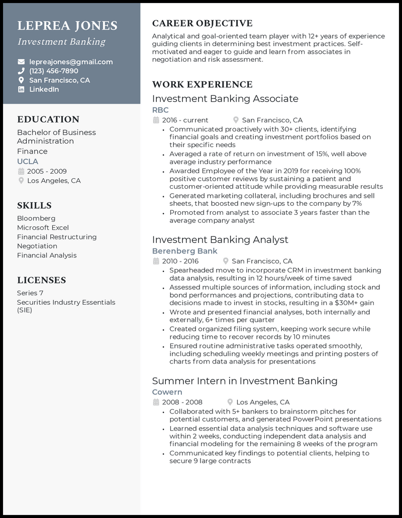 Investment banking resume template