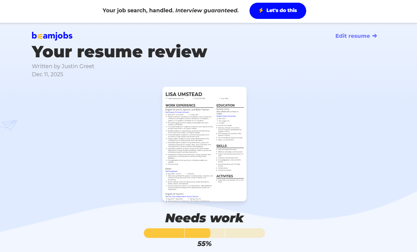Sample resume review with resume score