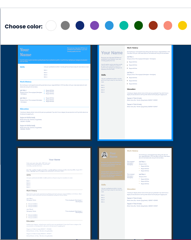 Resume Builder's resume template options