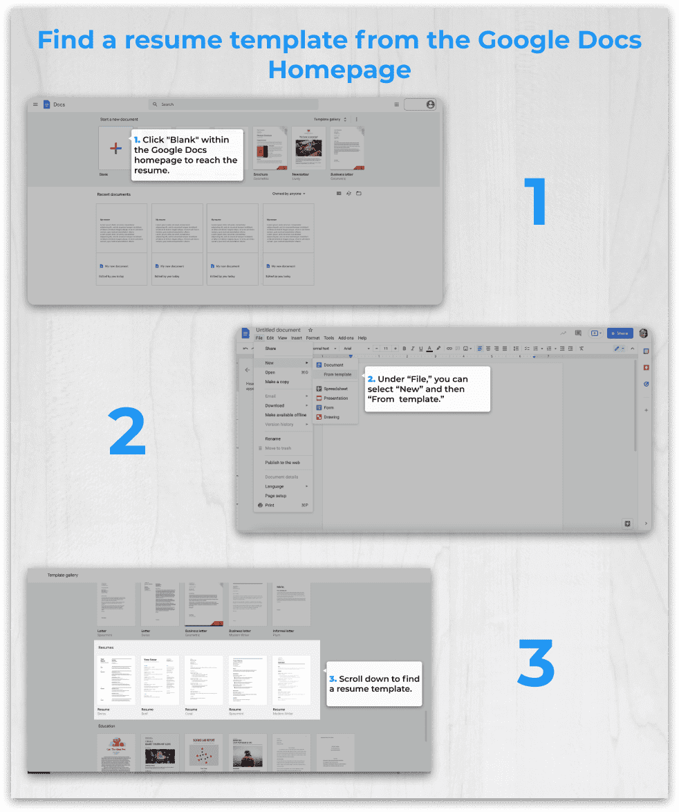 Three steps to find resume templates from Google Docs homepage