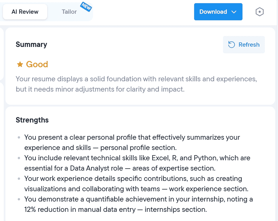 Resume.io's AI resume review feature highlights resume strengths