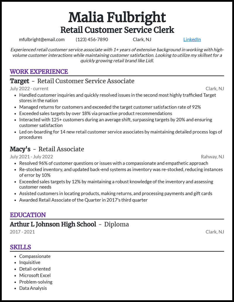 Functional Resume Customer Service