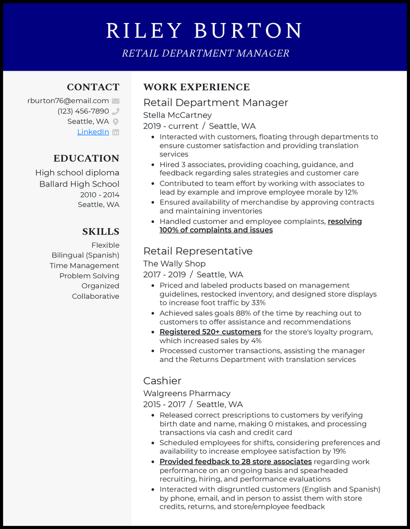 Clean retail department manager resume example with 4+ years experience