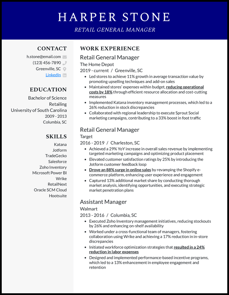 Retail general manager resume example with 10 years of experience