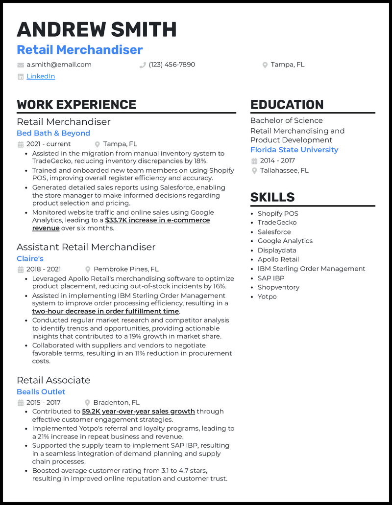 Retail merchandiser resume example with 8 years experience