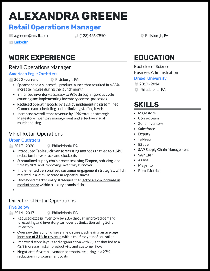 Retail operations manager resume example with 9 years of experience