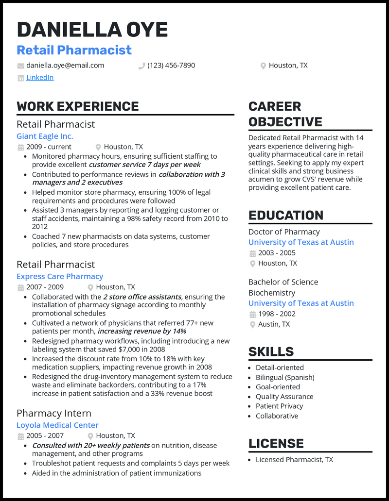 Retail pharmacist resume example with 8 years of experience