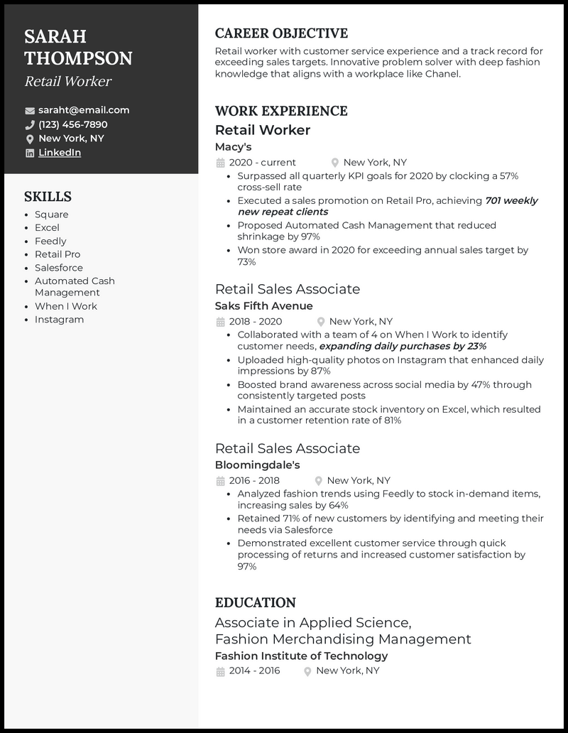 Retail worker resume example with 5+ years experience