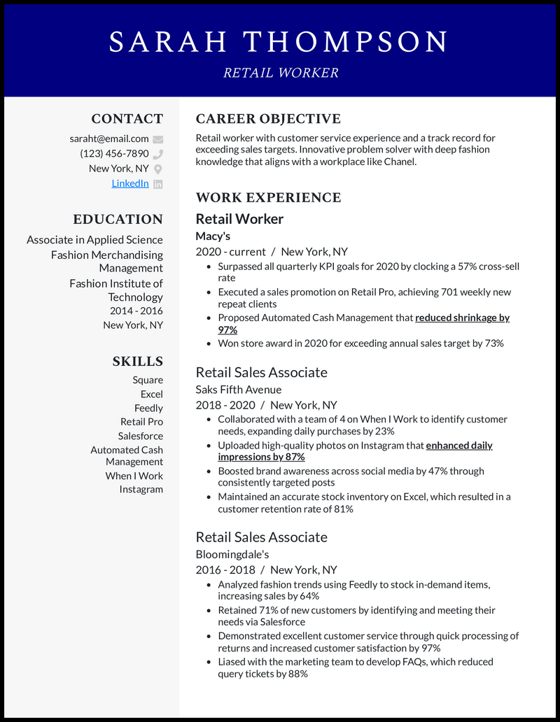 Professional retail worker resume example with 5+ years experience