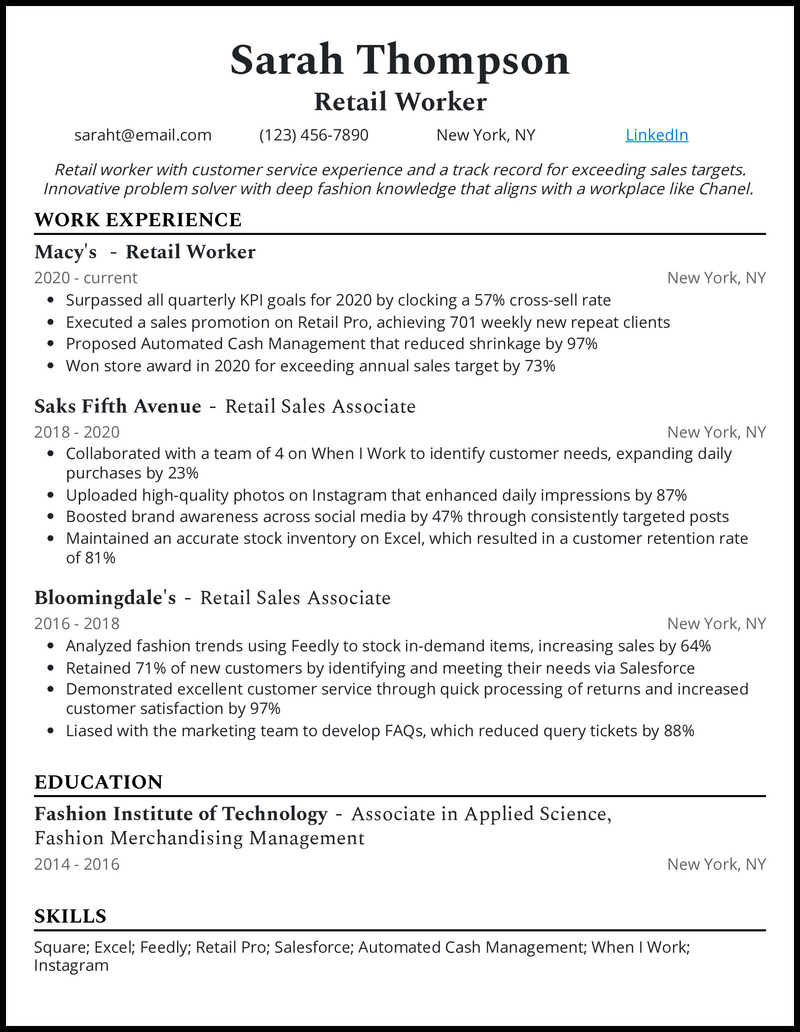 Formal retail worker resume example with 5+ years experience