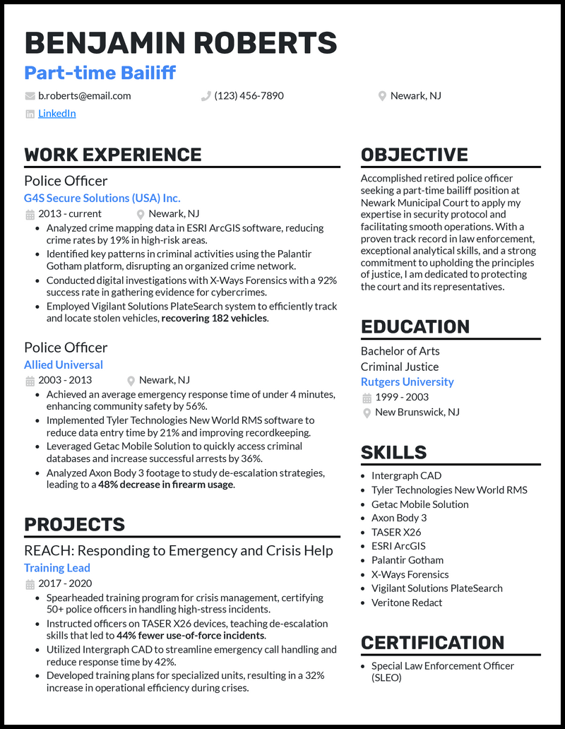 Retired police officer resume example with 20 years of experience