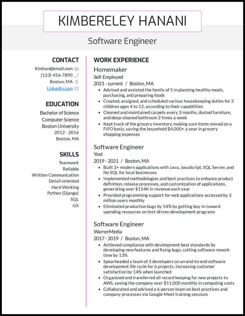 resume sample for mom returning to work