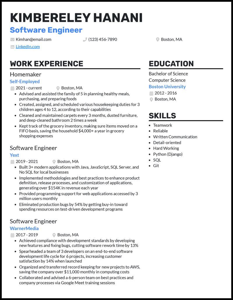 resume examples of work