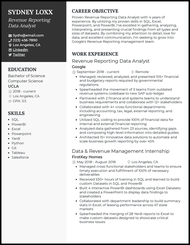 Elegant revenue reporting data analyst resume sample