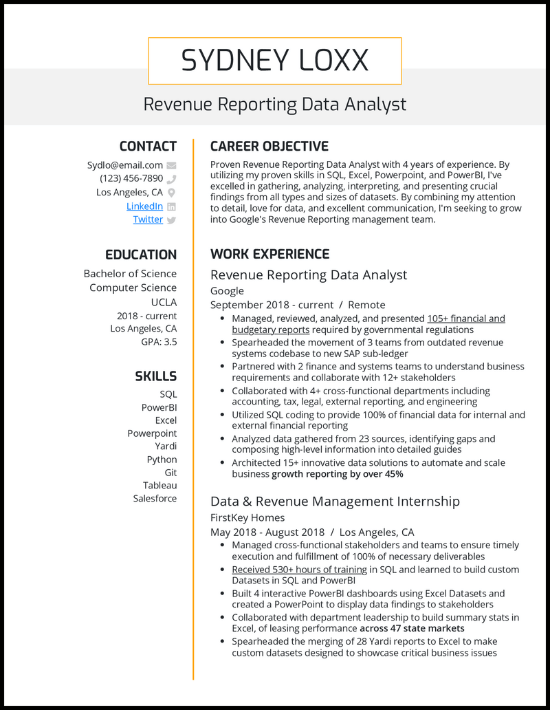 Professional revenue reporting data analyst resume sample