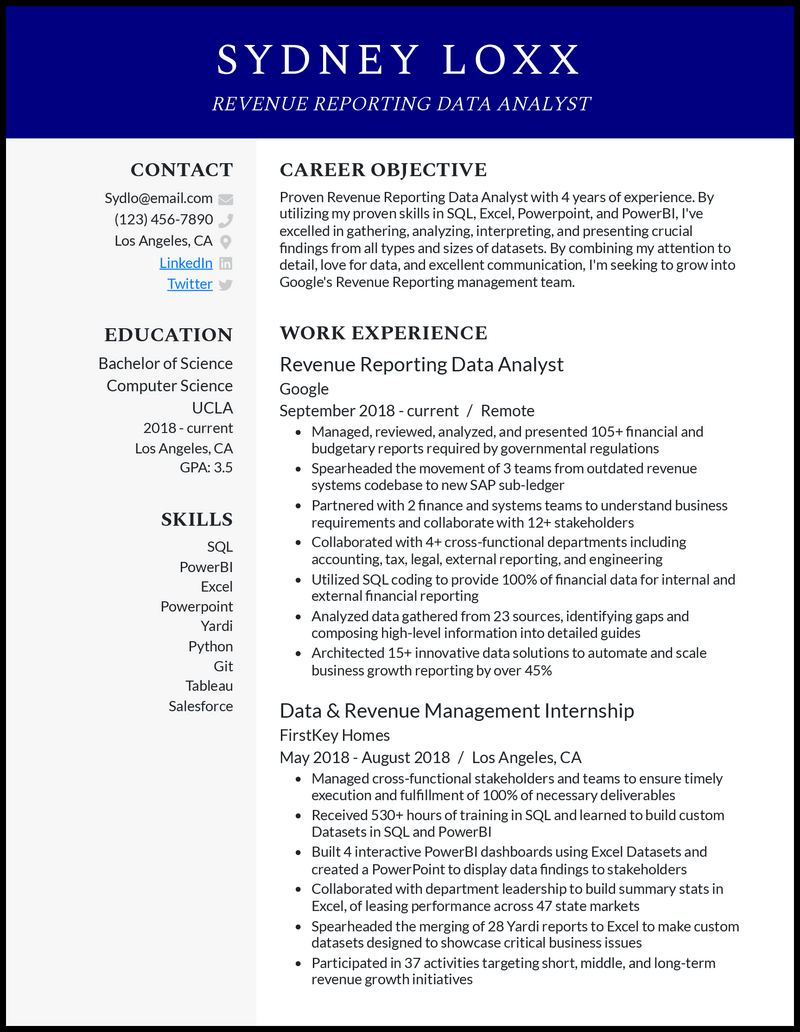 5 Revenue Reporting Data Analyst Resume Samples in 2024