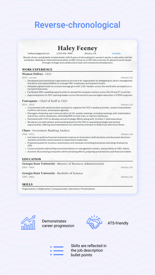 Reverse chronological format resume