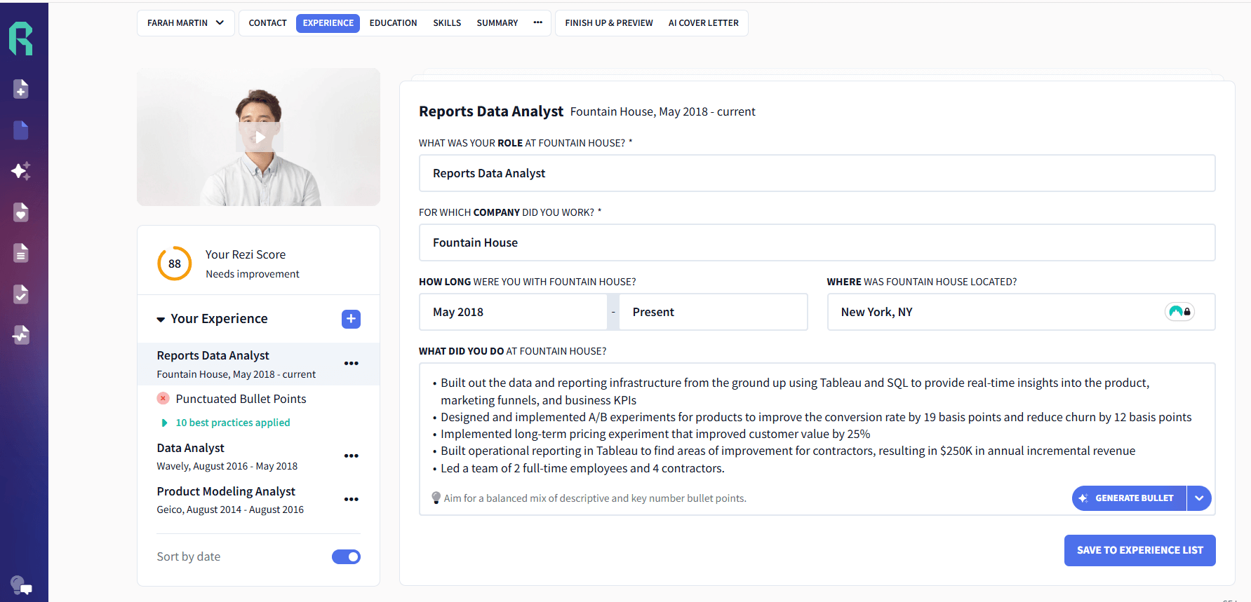 Rezi's resume builder platform and workflow