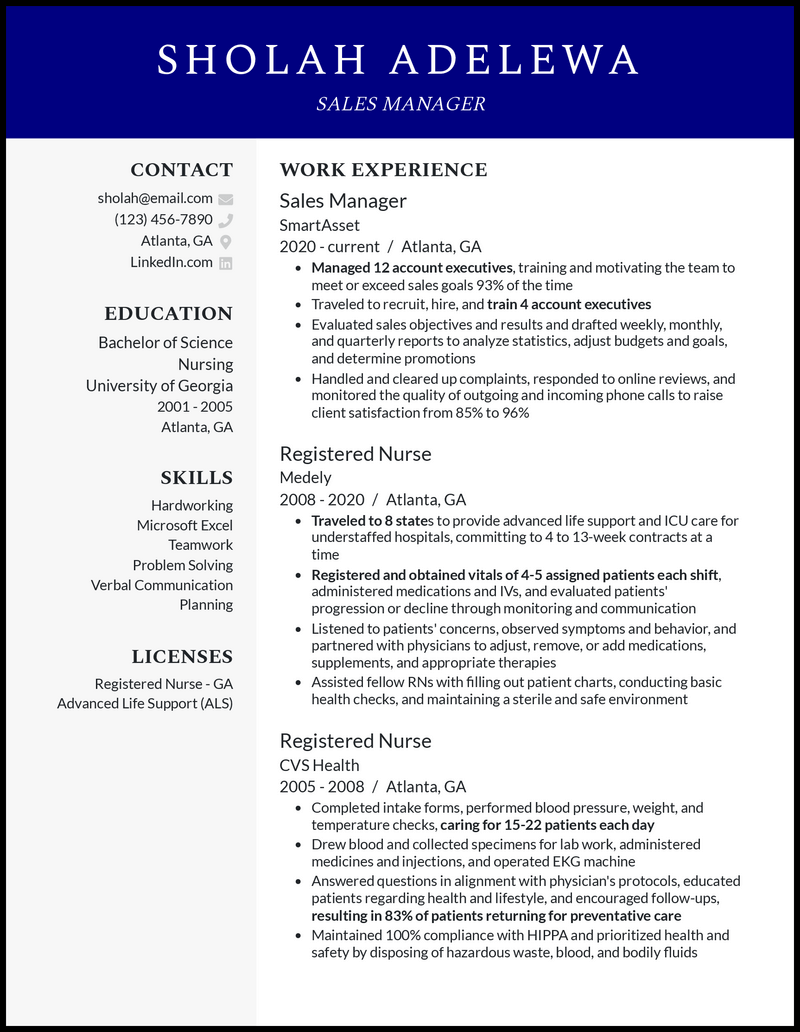 Rn career change resume example with 7+ years experience