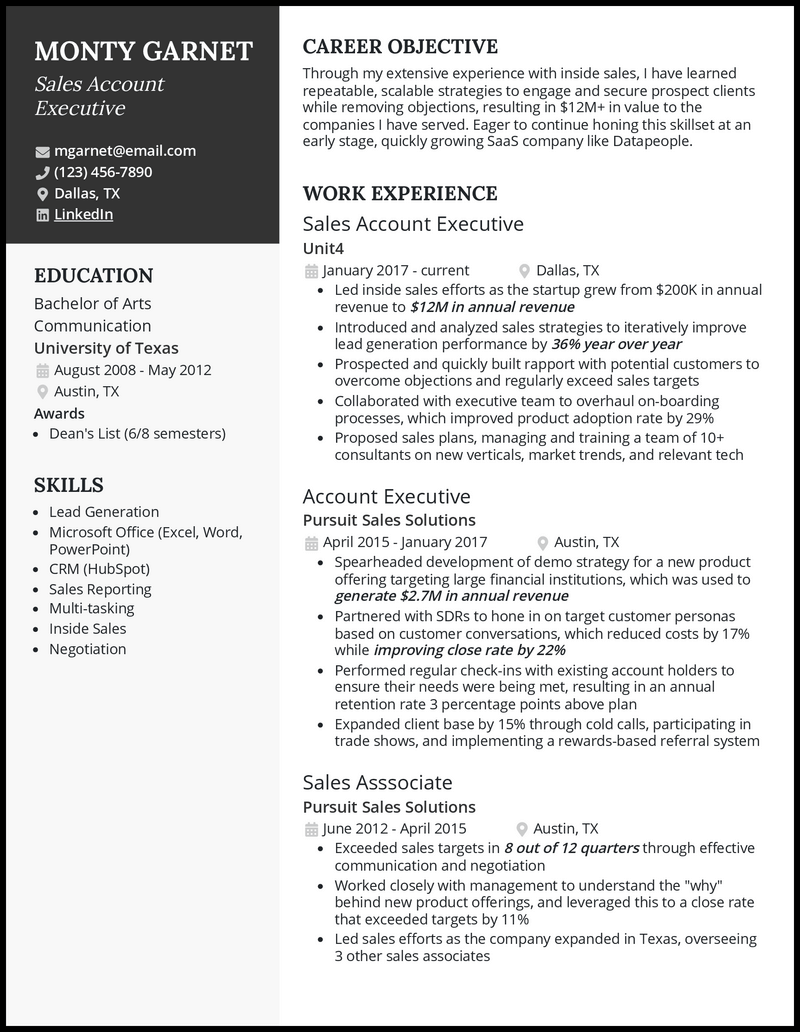 Sales account executive resume example with 5+ years experience