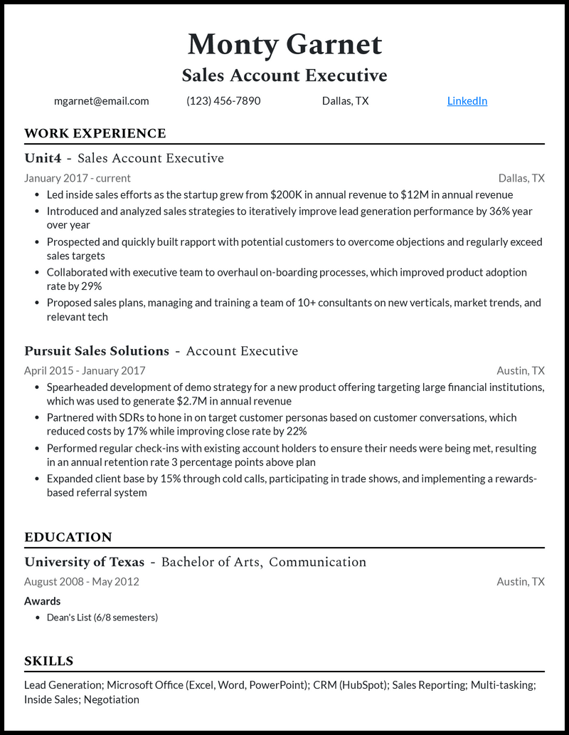 Modern sales account executive resume example with 5+ years experience