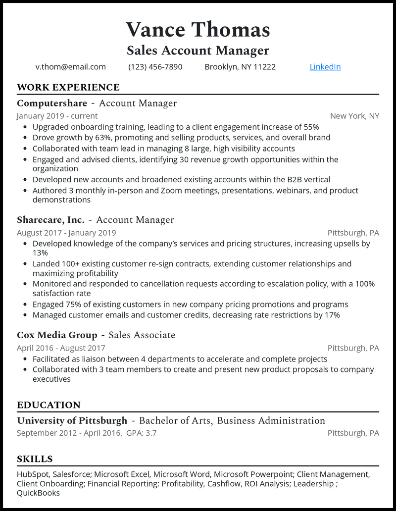 Modern sales account manager resume example