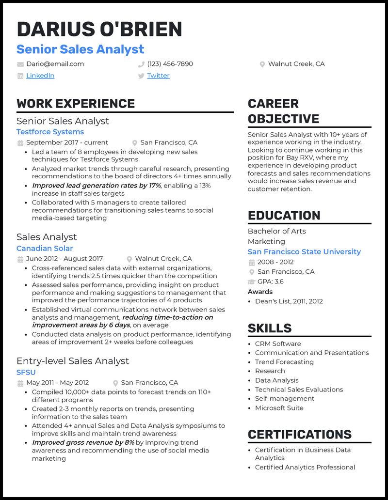 Sales analyst resume example with 10+ years of experience