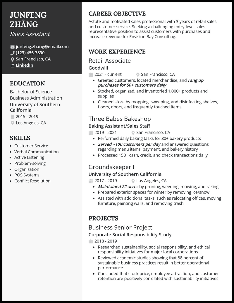 Sales assistant resume example with no experience