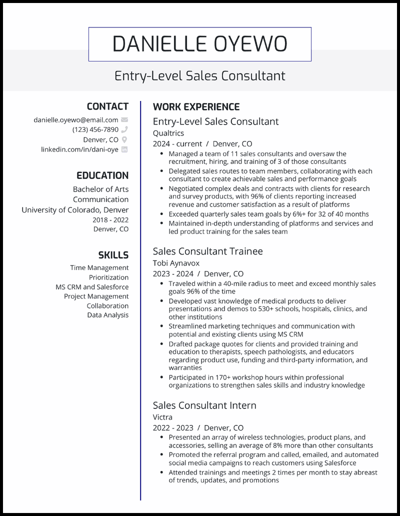 Sales consultant resume example with 3 years of experience