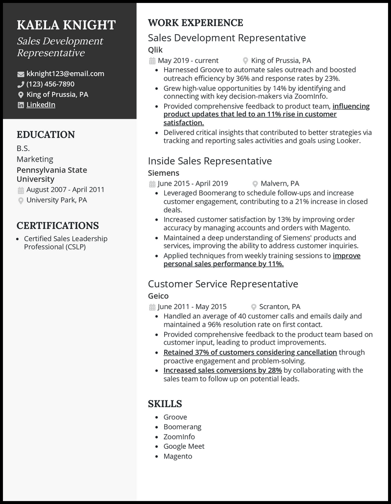 Clean sales development representative resume example with 5+ years experience