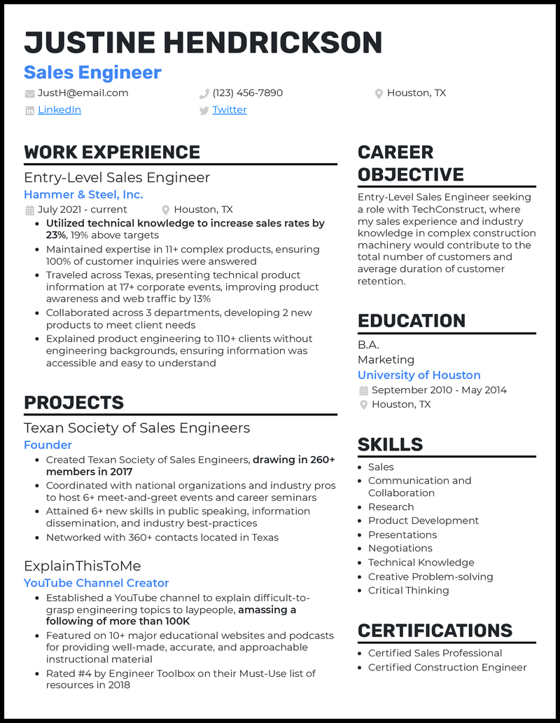 Sales engineer resume example with 5+ years experience