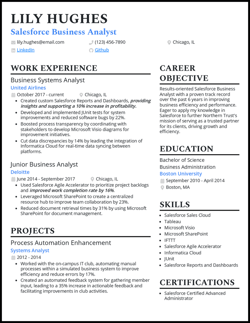 Salesforce business analyst resume example with 8+ years experience