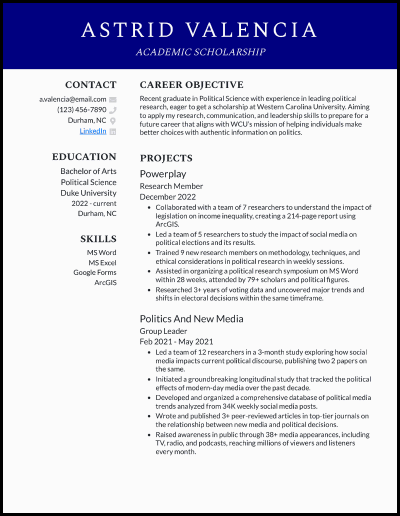 Scholarship academic resume example with 2+ years of project experience